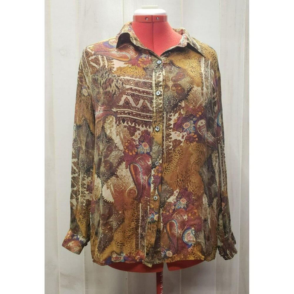 Chicos Silk Blouse, Sz 2 Large, Brown Rust Gold, Button Front, Sheer, L/S